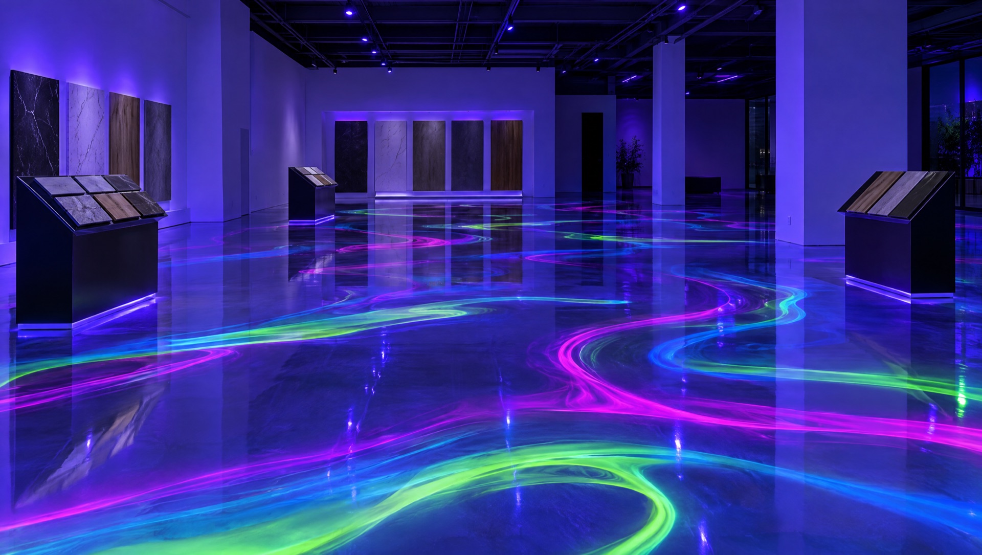 Design example: showroom floor with neon UV-reactive ribbons