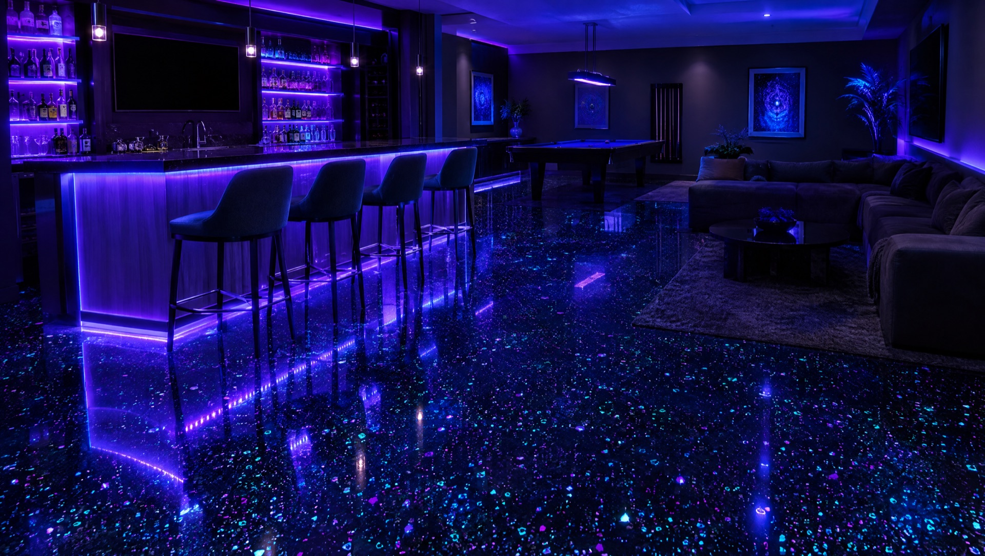 Design example: flake floor with UV-reactive chips under black light