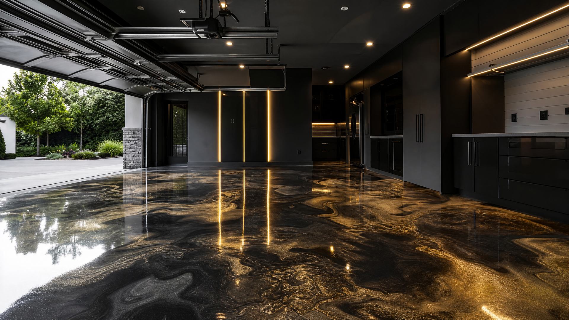 A modern garage with a black and gold metallic epoxy floor